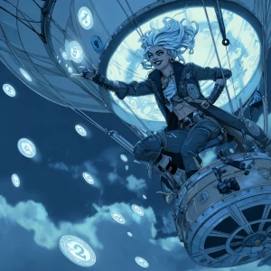 Pirate woman navigator on a chrome airship, compass shaped like...