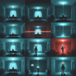 Illustrated cartoon-horror style
A disturbing, wide-angle inter...