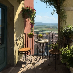 Create an image of an Italian balcony featuring a wrought iron r...