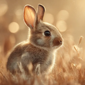 Create a serene scene with a baby rabbit peacefully sitting in t...