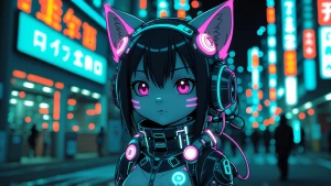 Generate an image of a cyberpunk anime character in a futuristic...