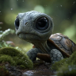Generate a hyperrealistic image of a baby turtle with the head o...