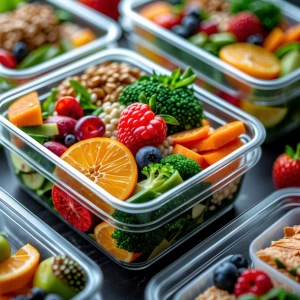 Close-up of a colorful healthy meal with fruits, vegetables, and...