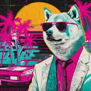 A pastel-colored Shiba cat in a Miami Vice outfit – white suit,...