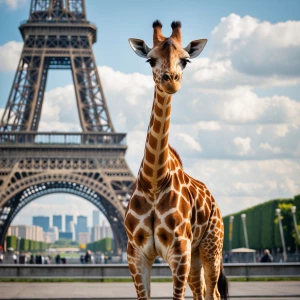 A giraffe standing infront of eiffel tower.