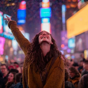 A young woman joyfully celebrating New Year's Eve amidst the vib...