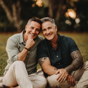 Two light-skinned 50+ men seated outdoors on a blanket in a park...
