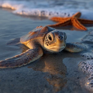 A realistic wildlife-style photograph of a baby sea turtle named...
