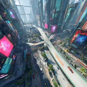 Wide shot streetlevel perspective tilt up, Visualize a dystopian...