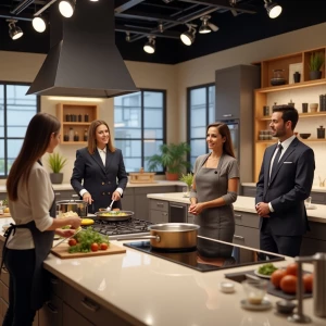 Design a hyper-realistic daytime talk show set in a kitchen for...