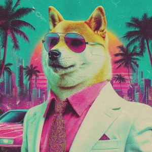 A pastel-colored Shiba cat in a Miami Vice outfit – white suit,...