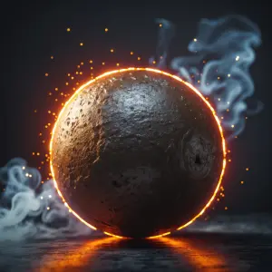 Generate a detailed image of a cannonball glowing with a warm, f...