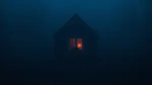 A small dark cabin with a single warm amber glowing window 
sur...