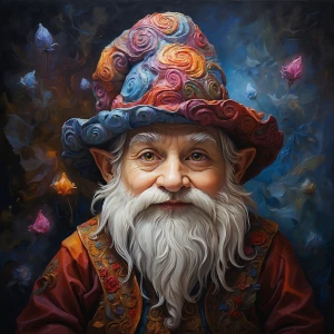 A mesmerizing gnome with swirling patterns on his oversized hat...