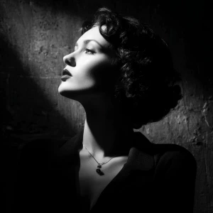 Ultra-realistic noir portrait of a mysterious woman, elegant vin...