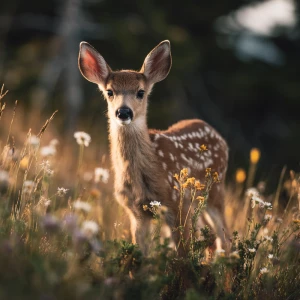 Baby white-tailed fawn standing in lush alpine meadow in Rocky M...