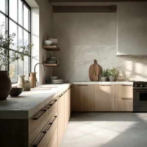 “Ultra-realistic photo of a Scandinavian kitchen with matte whit...