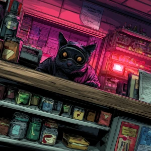 A masked humanoid cat. Hostage cat trembling behind the counter,...