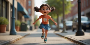Claymation of a girl skipping on a sidewalk