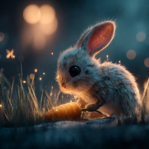 adorable baby rabbit discovering a softly glowing golden carrot...