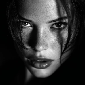 Create an intense close-up portrait of a woman surrounded by dee...