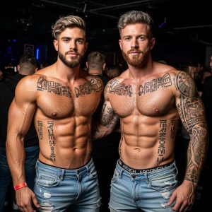 Two 20-year-old men are at a gay men's only club. They are dress...