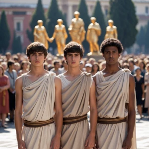Three young men, dressed in simple, light beige togas, stand pro...