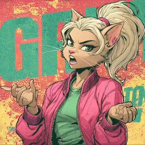 A humanoid cat character with light blonde fur, styled in a high...