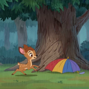 Classic Disney cartoon image: A small light-brown deer (Si Kanci...