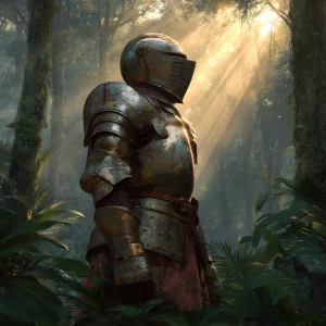 Digital painting of a stoic knight in highly detailed armor, sta...