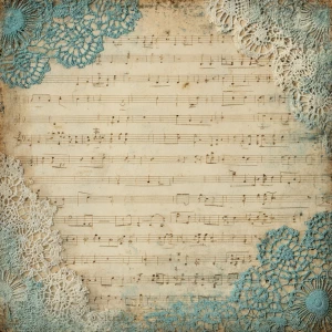 Aged music sheets overlapped with lace/doily corners; pale teal...