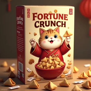 Create a captivating cereal box for “Fortune Cookie Crunch” feat...