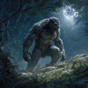 In a moonlit forest clearing, visualize a powerful lycanthrope w...