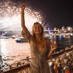 A woman joyfully standing on a crowded Sydney Harbour promenade,...