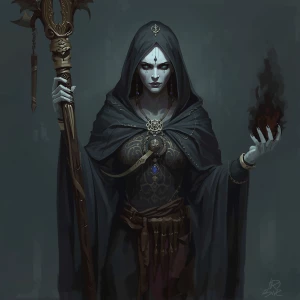 A chillingly elegant necromancer, draped in flowing dark robes a...