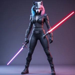 A female wolf person with dark, sleek fur, fur a cotton candy pi...