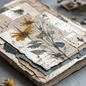 Sunflower junk journal page, layered vintage paper collage, asse...