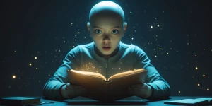 A humanoid AI sits at a desk, holding an old glowing diary. The...