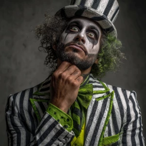 Generate a detailed image of a man in a Halloween-inspired outfi...