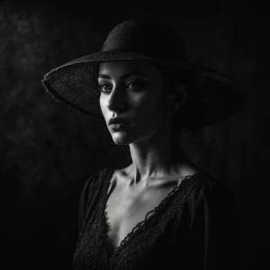 Ultra-realistic noir portrait of a mysterious woman, elegant vin...