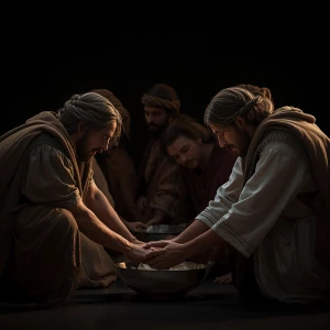 In a cinematic, high-graphic scene, depict the time Jesus washed...