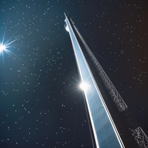 A sleek, shimmering space elevator reaches to the heavens, its r...