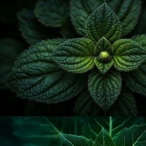 macro shot of a lush green leaf rosette at the center, sharp ser...