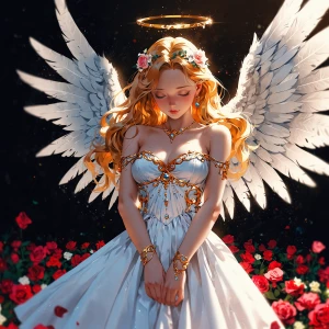 Draw an angel in a beautiful white dress adorned with precious s...