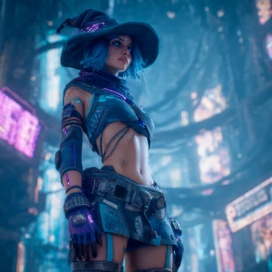 Create an image of a cyberpunk-style witch with futuristic cloth...