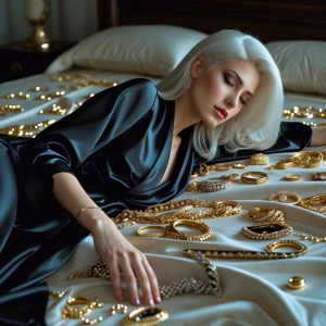 A beautiful woman (pale, icy platinum hair, confident, elegant,...