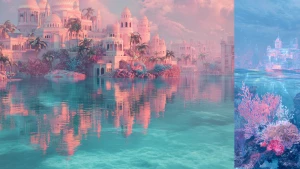 In the center of the photograph, an ethereal underwater city eme...