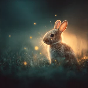 A tiny baby rabbit sitting in soft grass at night, illuminated b...