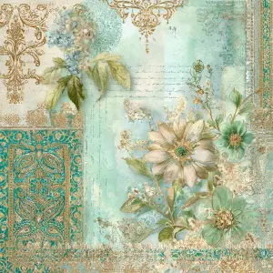 Cream and soft emerald sari-inspired collage paper, aged ivory p...