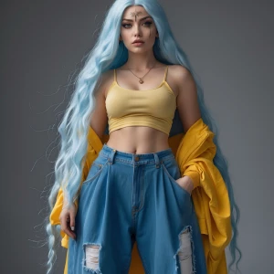 Create an image of a lady with this face wearing a blue baggy je...